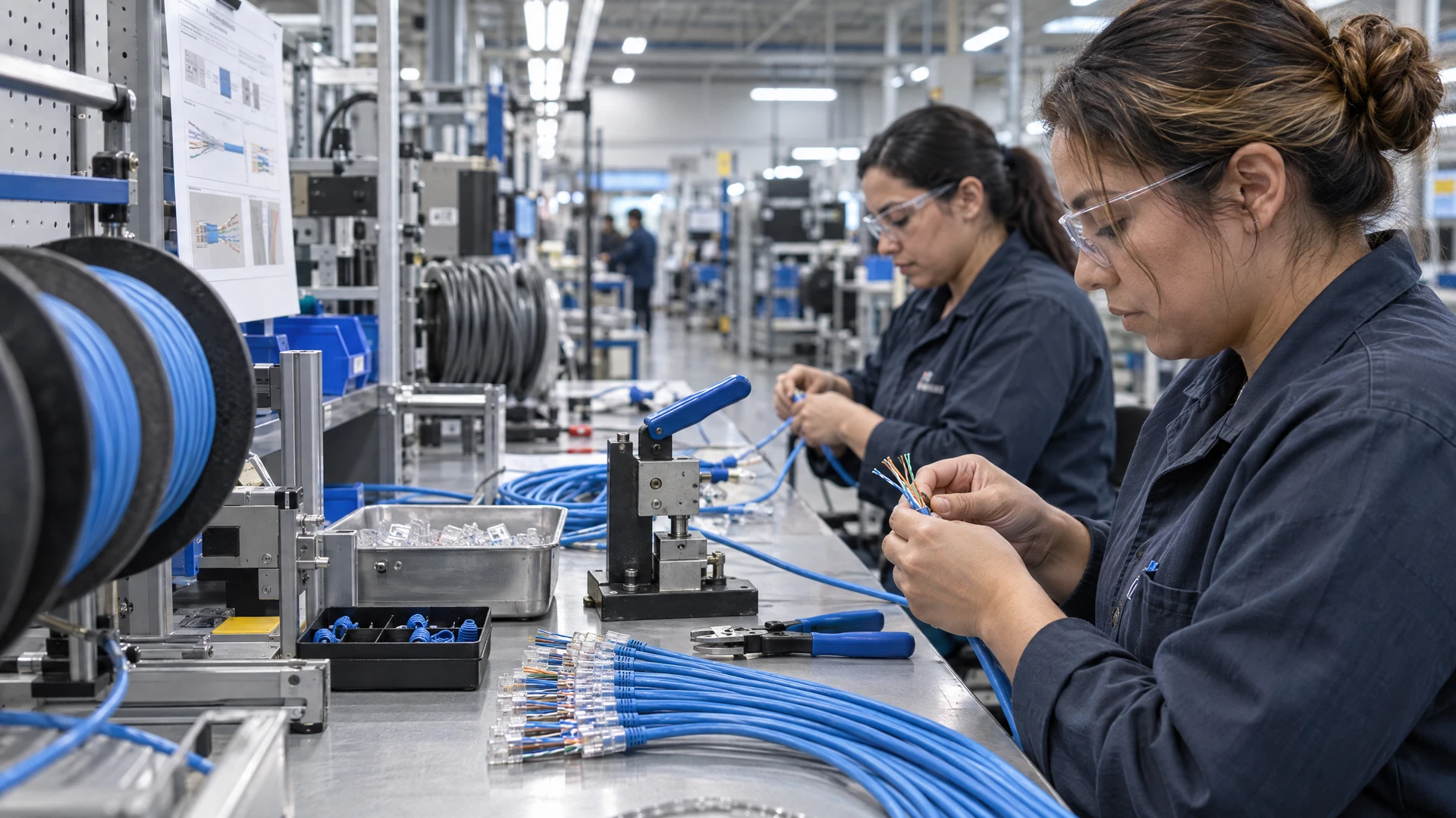 Women manually terminating Ethernet patch cords at a cable assembly bench